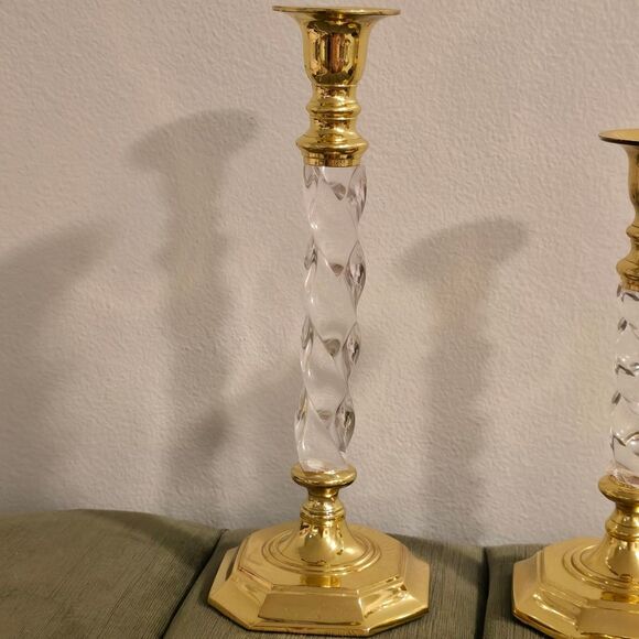 Vintage Set of 2 Brass Spiral Clear Lucite Acrylic Candlesticks Holders MCM - Picture 3 of 10